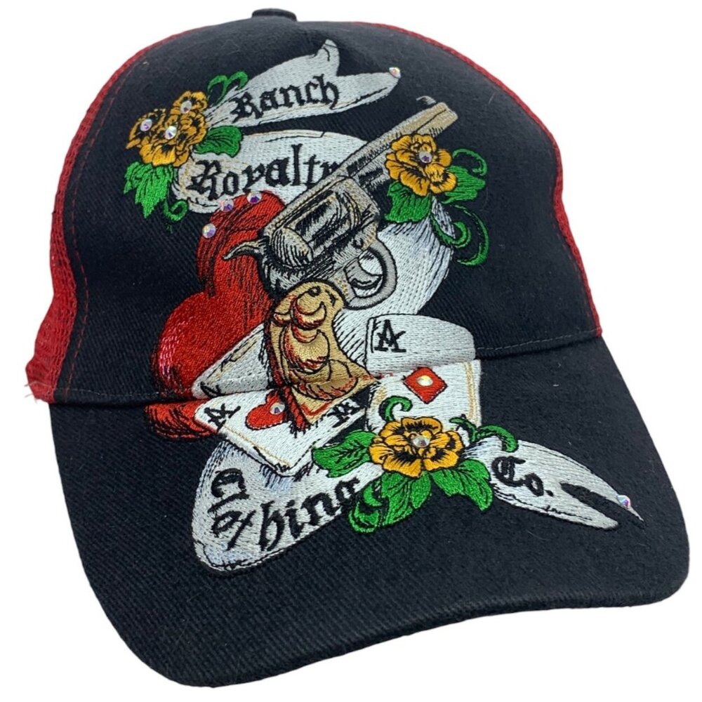 Ranch Royalty Black Red Trucker Hat Rhinestones Revolver Roses Snapback